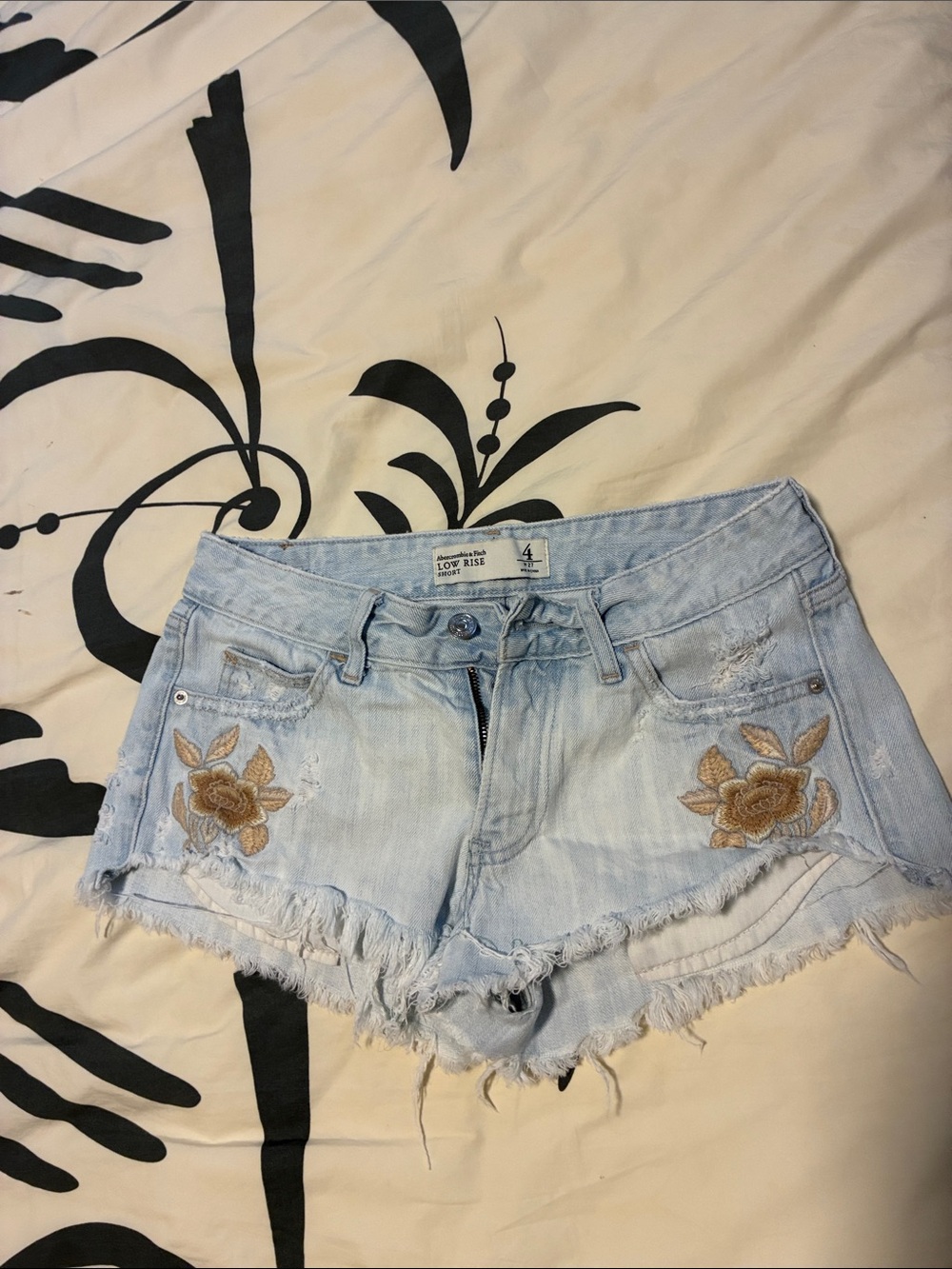 Abercrombie & Fitch Light Blue Denim Low-Rise Shorts with Tan Floral Embroidery